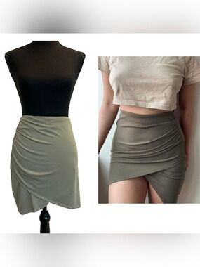 Olive Sage green ruched asymmetrical Wrap Mini Skirt Sz XL